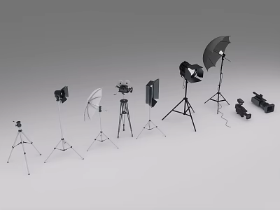 Essential Commercial Photography Equipment Including Tripods Studio Lights Softboxes And Cameras 3d model