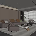 Modern Living Room Interior With Beige Sofa Armchair Coffee Table Area Rug And Large Window