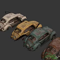 Collection Of Old Abandoned Cars With Rusty Bodies And Open Doors