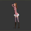 Game Movie Character With Red Hair Pink Turtleneck White Skirt Brown Boots And Gray Background