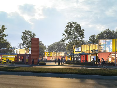 Colorful Converted Container Buildings With Yellow Red Units Trees People And Activities 3d model