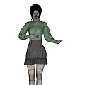 Woman Posing in Green Turtleneck Sweater and Black Ruffled Skirt on Black Background