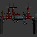 Industrial Red and Silver Pipes System With Valves and Mechanical Connections