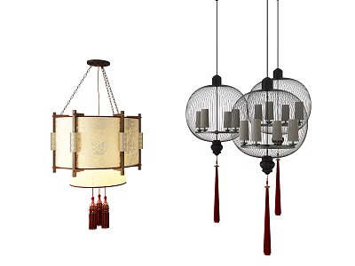 Traditional Chinese Chandeliers with Square and Round Designs Wooden Frames and Red Tassels 3d model