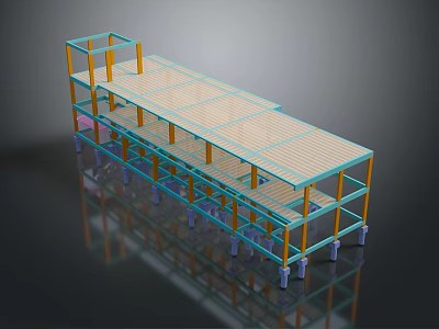 Multi Level Building Frame With Blue Yellow Beams And Transparent Roof 3d model