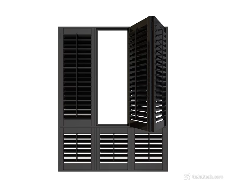 Modern Black Window Shutter With Louvered Panels Partially Open And Adjustable Design 3d model 