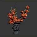Blue Ceramic Vase With Vibrant Orange Flowers And Green Leafy Branches