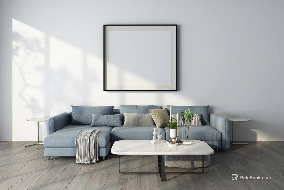 Modern Light Blue Sectional Sofa With Throw Pillows And Coffee Table 3d model