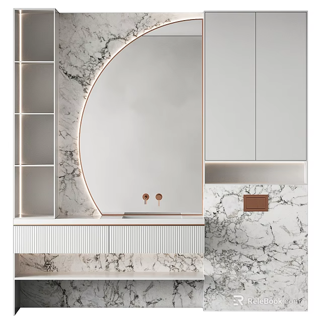 Elegant Modern Marble Bathroom Vanity With Circular Mirror White Cabinets And Brass Accents 3d model 