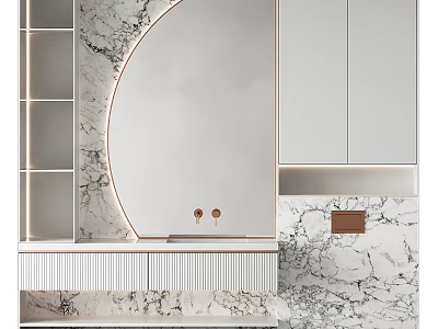 Elegant Modern Marble Bathroom Vanity With Circular Mirror White Cabinets And Brass Accents 3d model