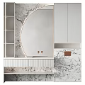 Elegant Modern Marble Bathroom Vanity With Circular Mirror White Cabinets And Brass Accents
