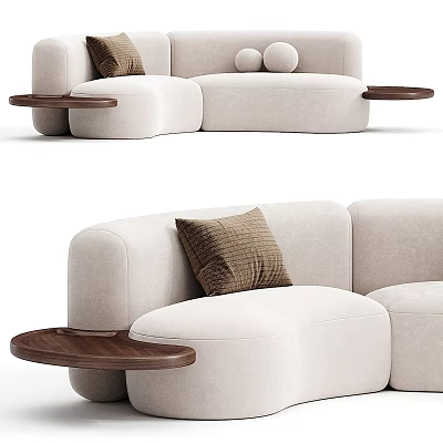 Modern Curved Sectional Sofa With Beige Upholstery Wooden Side Tables And Brown Pillows 3d model