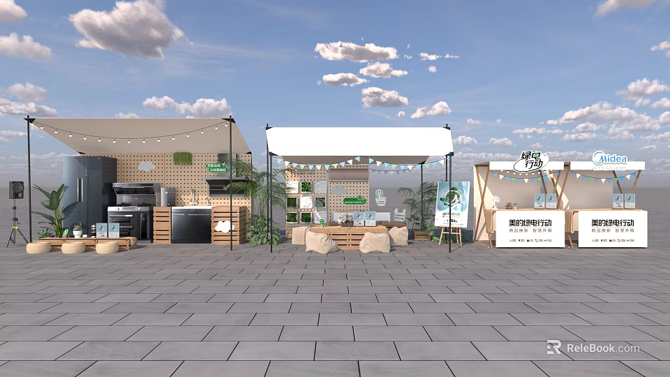 Outdoor Market Stalls With White Canopy Green Plants And Stone Pavement 3d model 