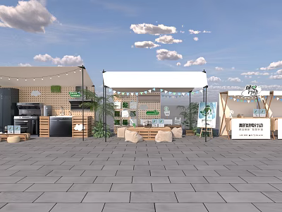 Outdoor Market Stalls With White Canopy Green Plants And Stone Pavement 3d model