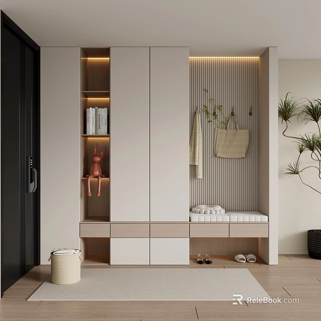 Modern Shoe Cabinet With Storage Shelves Hanging Hooks And LED Lighting In Entryway 3d model 