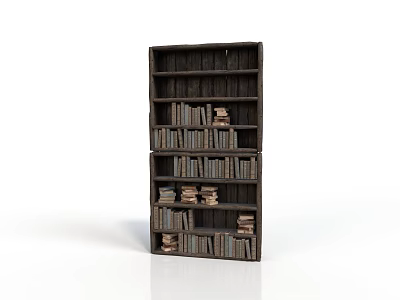 Dark Wooden Bookshelf Filled With Various Stacked Books And Organized Shelves 3d model