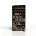 Dark Wooden Bookshelf Filled With Various Stacked Books And Organized Shelves