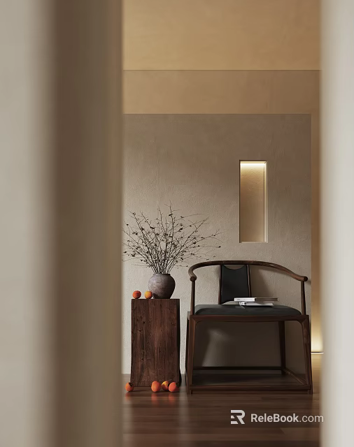 Minimalist Zen Lounge Chair With Wooden Frame And Decorative Vase In Serene Interior 3d model 