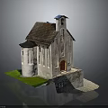 Village Church Model Featuring White Walls Brown Roof Bell Tower Red Door And Green Grass