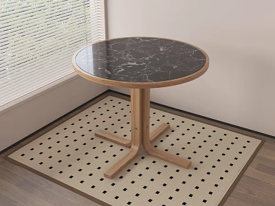 Round Black Marble Top Dining Table With Wooden Base On Square Pattern Mat 3d model