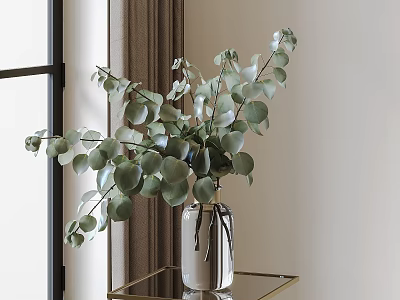 Transparent Vase with Lush Green Eucalyptus Leaves on Gold Frame Glass Table by Window 3d model