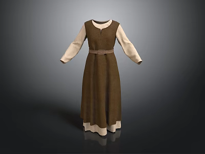 Casual Brown Long Sleeved Dress With Beige Inner Layer And Waist Belt For Everyday Use 3d model