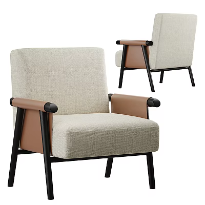 Modern Beige Fabric Armchair With Brown Armrests And Black Wooden Legs 3d model