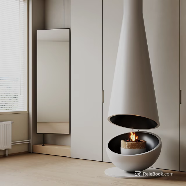 Modern White Conical Design Fireplace In Interior With Cabinetry And Flickering Flame 3d model 