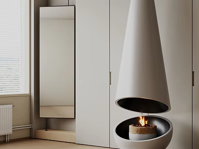 Modern White Conical Design Fireplace In Interior With Cabinetry And Flickering Flame 3d model