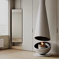 Modern White Conical Design Fireplace In Interior With Cabinetry And Flickering Flame