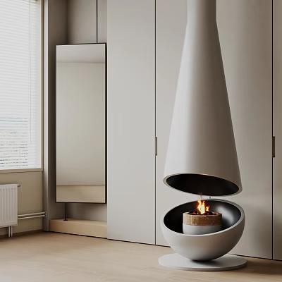 Modern White Conical Design Fireplace In Interior With Cabinetry And Flickering Flame 3d model