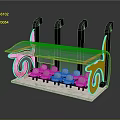 Modern Display Stand With Transparent Glass Top Golden Trim Black Pillars And White Items