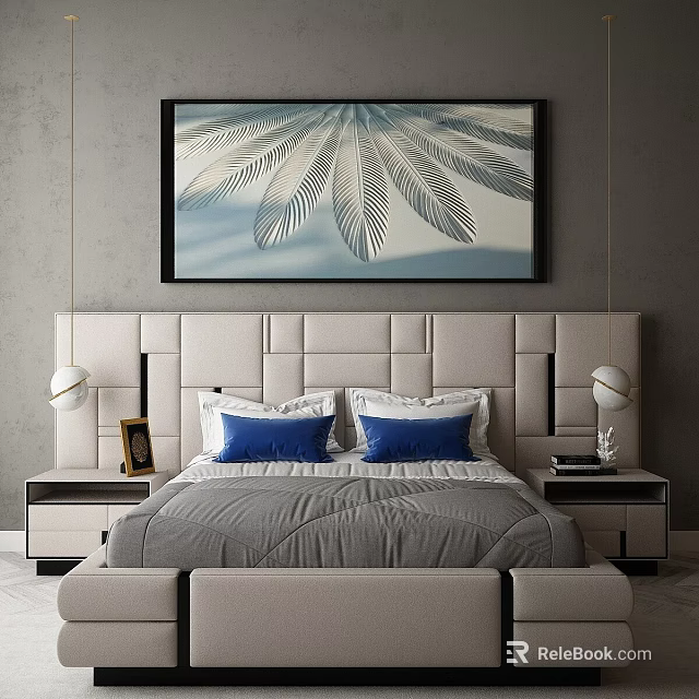Modern Double Bed With Upholstered Headboard Nightstands And Leaf Pattern Wall Art 3d model 