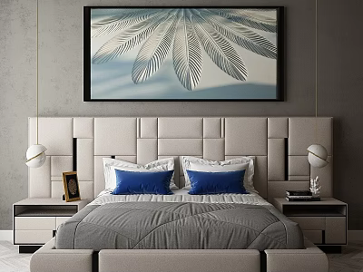 Modern Double Bed With Upholstered Headboard Nightstands And Leaf Pattern Wall Art 3d model