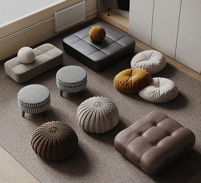 Modern Stylish Ottomans In Round Square Shapes Leather Knit Textures For Living Room 3d model