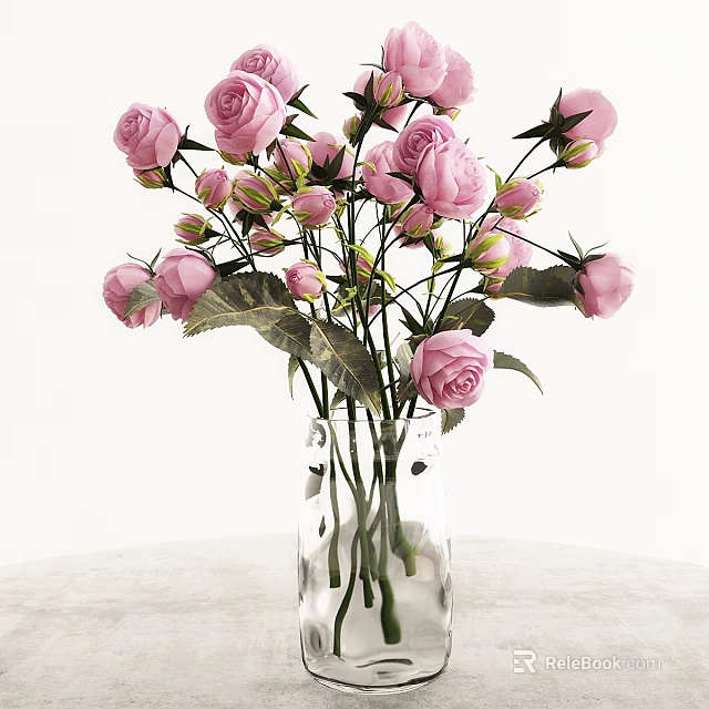 Clear Glass Vase with Pink Roses and Green Leaves on Light Colored Surface 3d model 