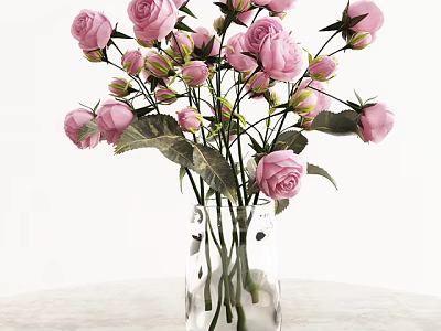 Clear Glass Vase with Pink Roses and Green Leaves on Light Colored Surface 3d model