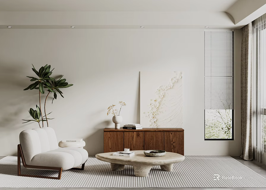 Modern Minimalist Living Room White Accent Chair Wooden Cabinet Round Coffee Table Green Plant 3d model 