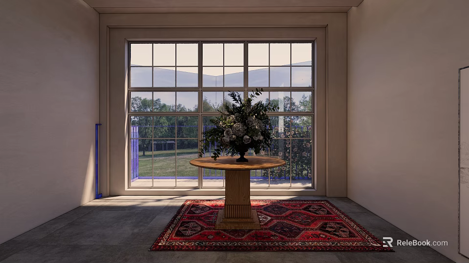 Round Table With Flowers In Front Of Large Window On Rug With Grass Trees 3d model 