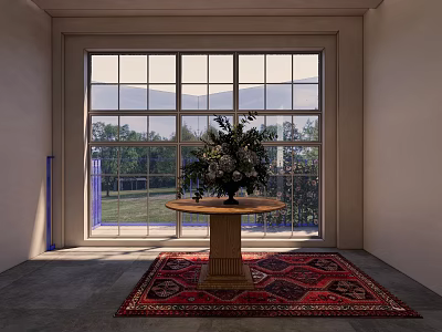 Round Table With Flowers In Front Of Large Window On Rug With Grass Trees 3d model