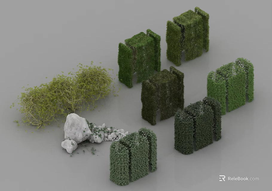 Different Pruned Shrub Varieties With Natural Stone Accents And Green Foliage 3d model 