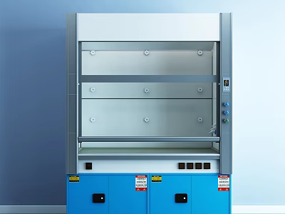 Medical Laboratory Fume Hood With Multiple Transparent Panels And Blue Storage Cabinet 3d model