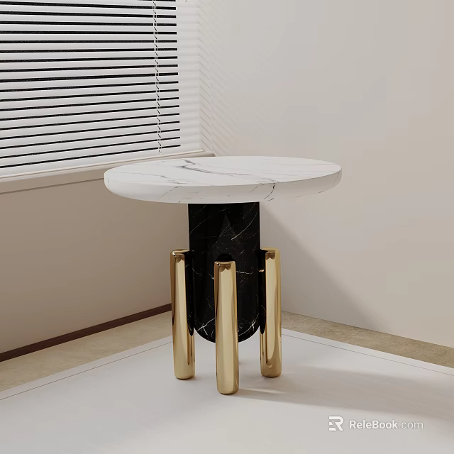 Modern Round Side Table with White Marble Top and Golden Metal Legs in Living Room 3d model 
