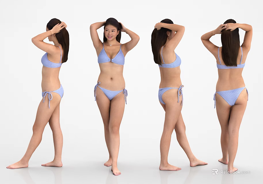 Woman In Blue Bikini Showing Multiple Angles Front Side And Back Poses 3d model 