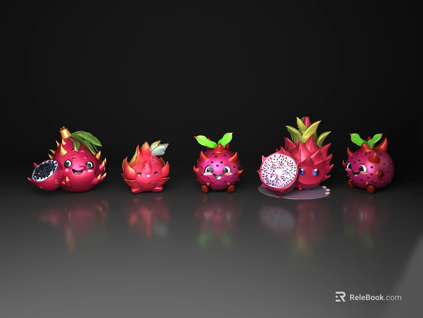 Cartoon Style Dragon Fruit Whole and Sliced with Green Leaves and Smiling Faces 3d model 