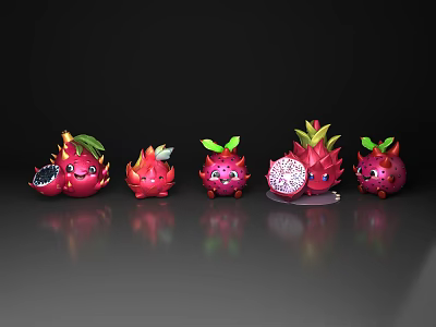 Cartoon Style Dragon Fruit Whole and Sliced with Green Leaves and Smiling Faces 3d model