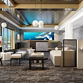 Modern Hotel Lobby Interior With Marble Flooring Pendant Lights Reception Desk And Sofa