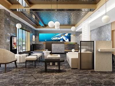 Modern Hotel Lobby Interior With Marble Flooring Pendant Lights Reception Desk And Sofa 3d model
