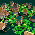 Pixel Style Park Landscape With Wooden Houses Green Trees And Grass