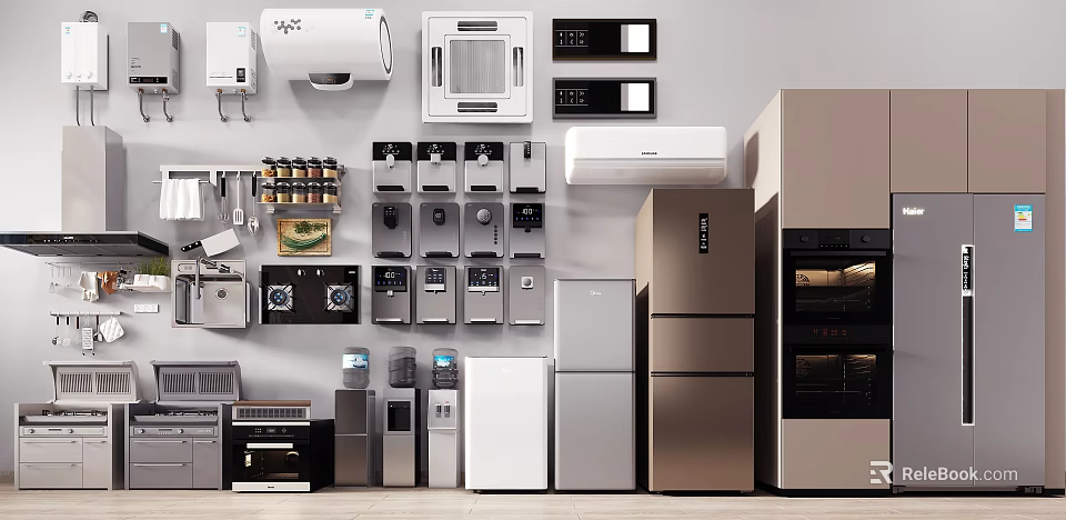 Modern Stainless Steel Kitchen Appliances Collection With Refrigerator Oven Microwave And Small Devices 3d model 